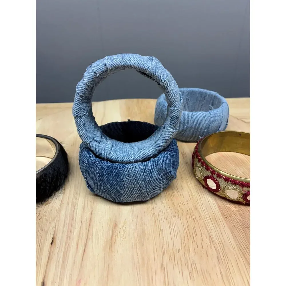 Upcycled Bangle Bracelet Set – Denim Wrapped, Embroidered, and Faux Fur